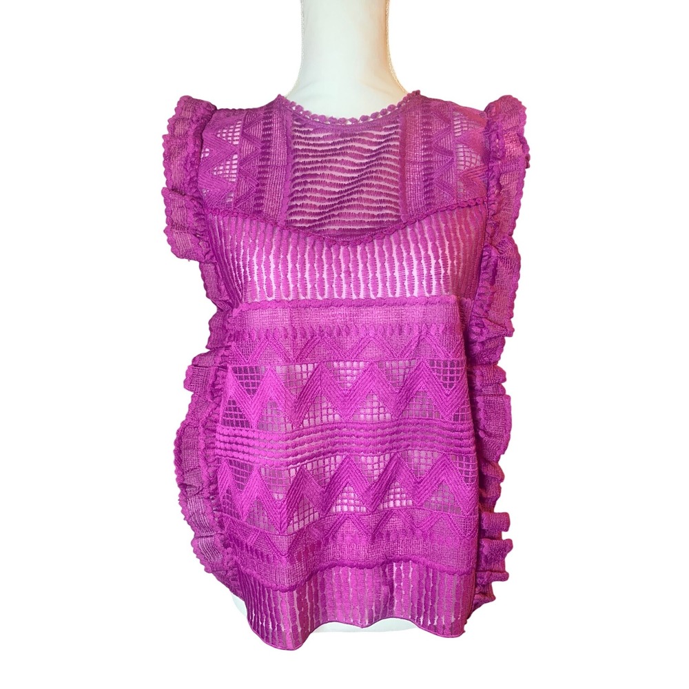 Boho Chic Est.1946 Magenta Purple Lace Ruffle Sleeveless Top Xs Geometric Sheer